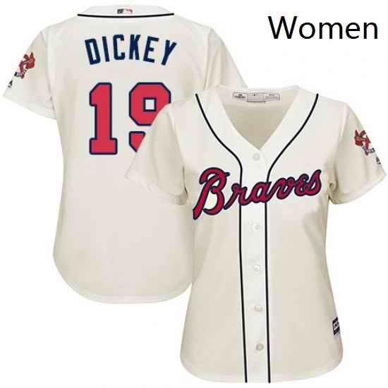 Womens Majestic Atlanta Braves 19 RA Dickey Replica Cream Alternate 2 Cool Base MLB Jersey